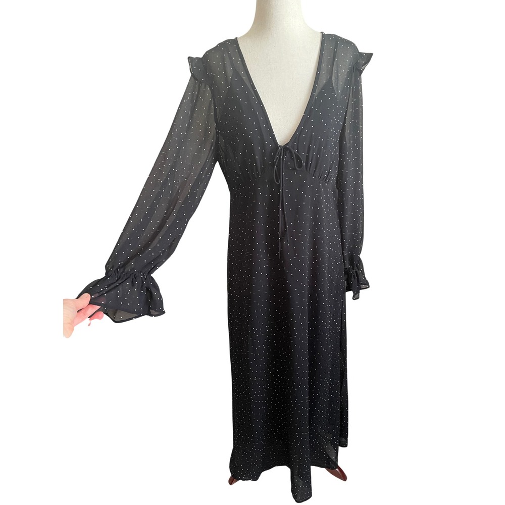Y2K Babydoll Sheer Black Polka Dot Flare Sleeve Maxi Dress Medium Preppy Classic